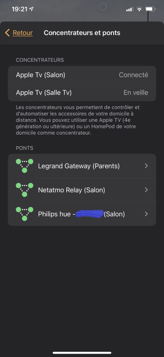 Menu concentrateurs et ponts dans l'application Apple Maison